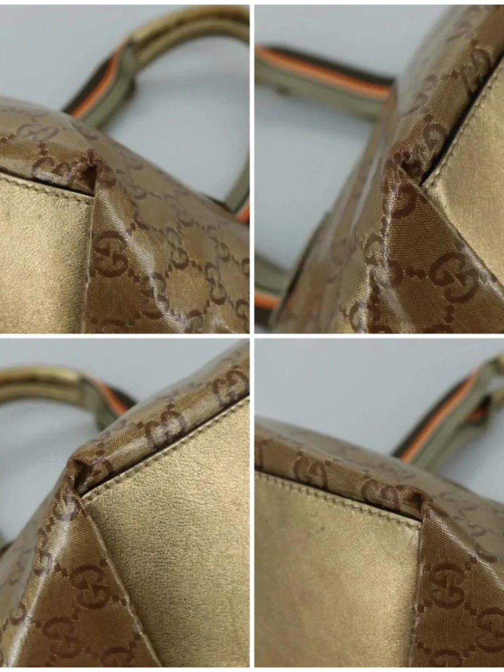 GUCCI GG Crystal Sherry Line Hand Bag Gray Gold Brown Auth mr876